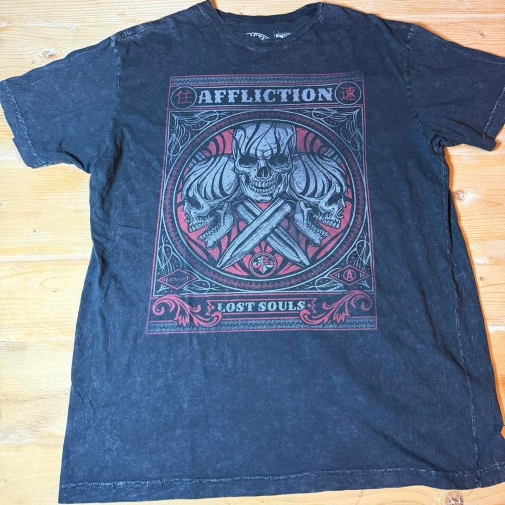 Affliction Lost Souls Skulls Graphic T-Shirt Mens‎ XL Black Mineral Wash MMA Tee